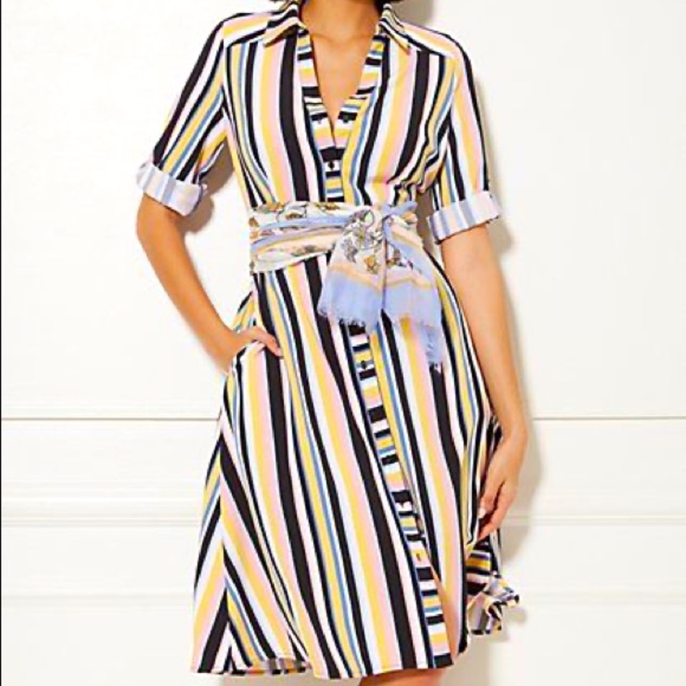 NWT NY & Co Belted Button Up Shirt Dress w/Pockets, Multi Stripe, Small Petite